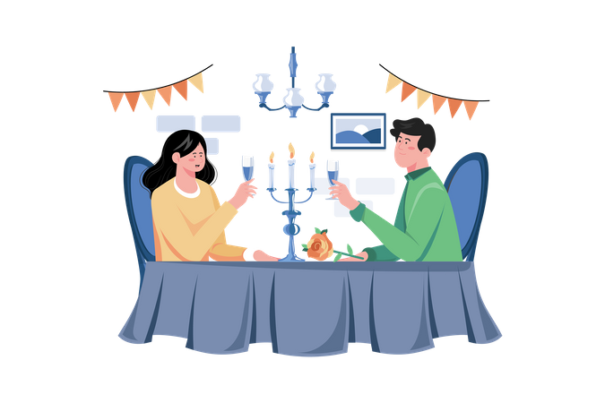Cena elegante en pareja para celebrar  Ilustración