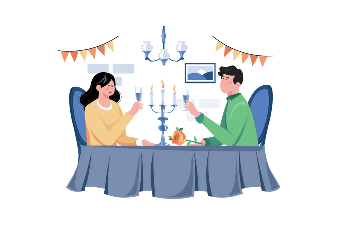 Cena elegante en pareja para celebrar  Ilustración