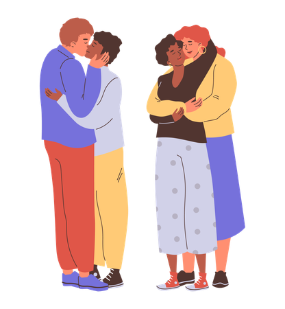 Parejas del mismo sexo, parejas amorosas besándose  Ilustración
