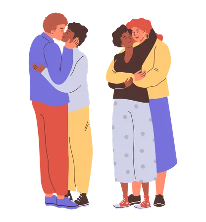 Parejas del mismo sexo, parejas amorosas besándose  Ilustración