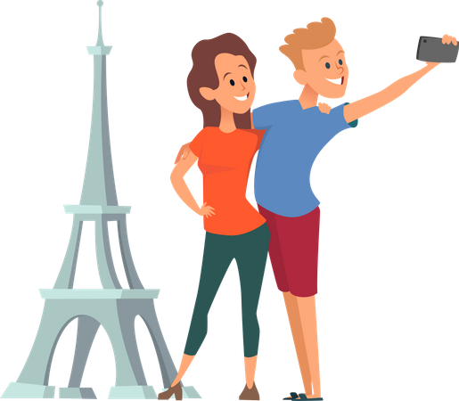 Las parejas felices se hacen selfie cerca de la Torre Eiffel  Ilustración