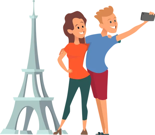 Las parejas felices se hacen selfie cerca de la Torre Eiffel  Ilustración