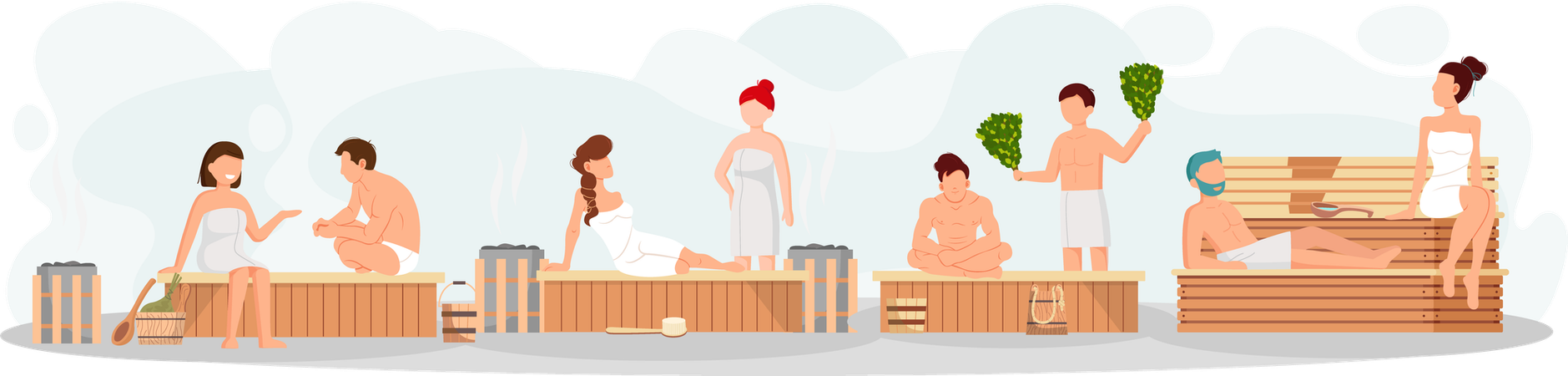 Parejas felices tomando un baño de vapor juntas  Ilustración
