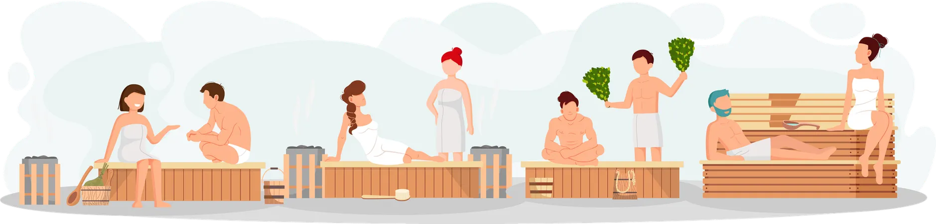 Parejas felices tomando un baño de vapor juntas  Ilustración
