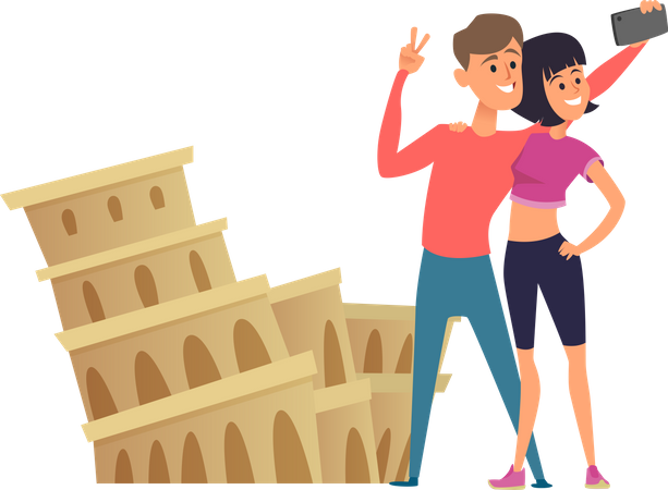 Las parejas se hacen selfie cerca del coliseo romano  Ilustración