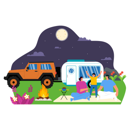 Parent and daughter enjoying on camping  Illustration