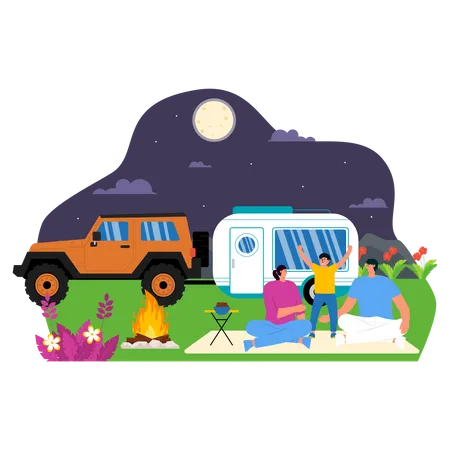 Parent and daughter enjoying on camping Illustration