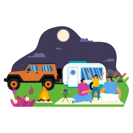 Parent and daughter enjoying on camping  Illustration