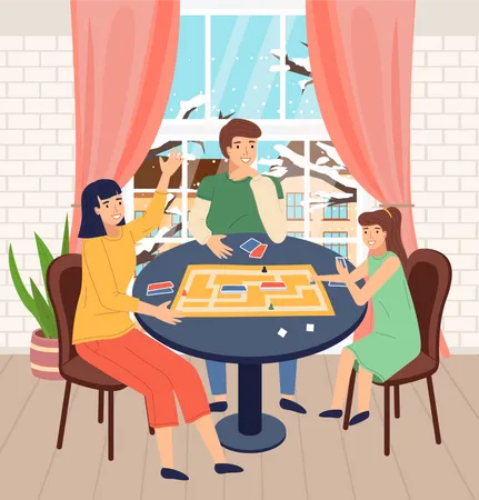 Happy Family Spend Time At Home People Playing In Table Game With Cards Labyrinth Mother Father And Daughter Play Together Indoors Home Activity Hobby Cold Snowy Winter Outside The Window Illustration