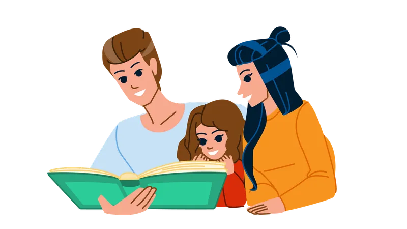 Family Reading Vector Mother Daughter Girl Book Child Home Together Parent Father People Reading Indoors Young Smiling Kid Family Reading Character People Flat Cartoon Illustration Illustration