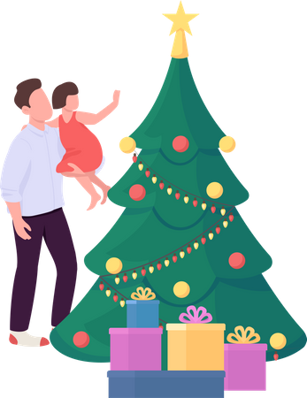 Parent and Kid Decorate Christmas Tree Illustration