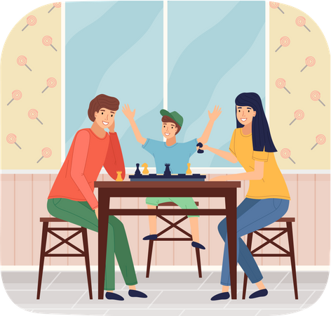 Parent and kid playing chess game at home  Illustration