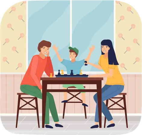 Parent and kid playing chess game at home  Illustration