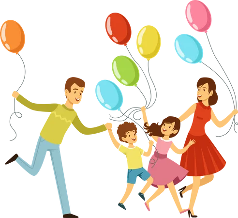 Parent and kids with holding balloon  Illustration