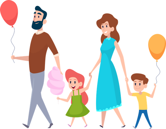 Parent and kids with holding balloon Illustration