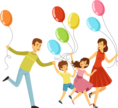 Parent and kids with holding balloon  Illustration