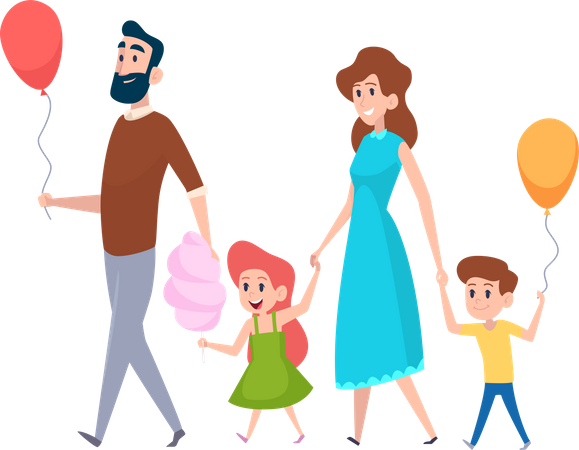 Parent and kids with holding balloon  Illustration