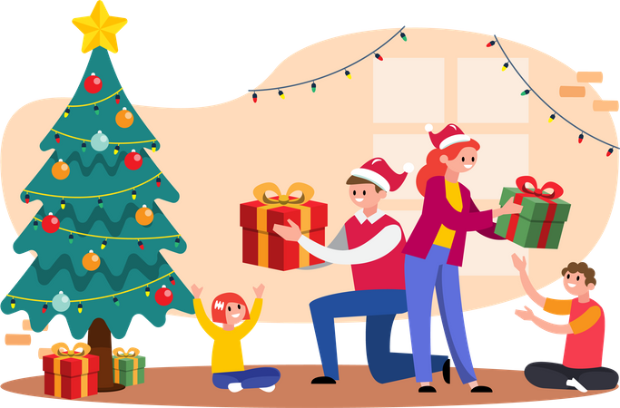 Parent giving Christmas gifts to kids  Illustration