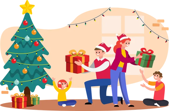 Parent giving Christmas gifts to kids  Illustration