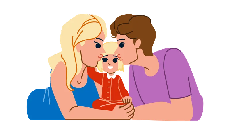 Family Kiss Vector Child Mother Love Happy Fun Daughter Woman Parent Girl Childhood Mom Father Kid Family Kiss Character People Flat Cartoon Illustration Illustration