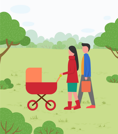 Parent with Pram walking in park  Illustration