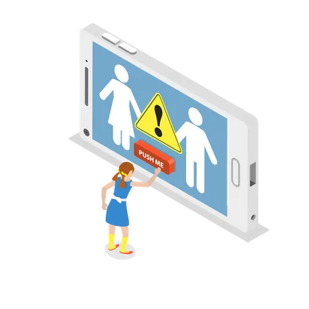 Parent Control Flat Isometric Vector Teen Girl Is Pushing A Red Button On The Screen Of The Smartphone But In This Moment Are Appearing Abstract Silhouettes Of The Parents With The WARNING Sign Illustration