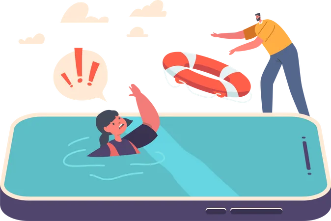 Parental Control Father Throws Lifebuoy To Rescue His Child Drowning In The Smartphone Screen Emphasizing The Importance Of Protecting Kids Information Security Cartoon People Vector Illustration Illustration