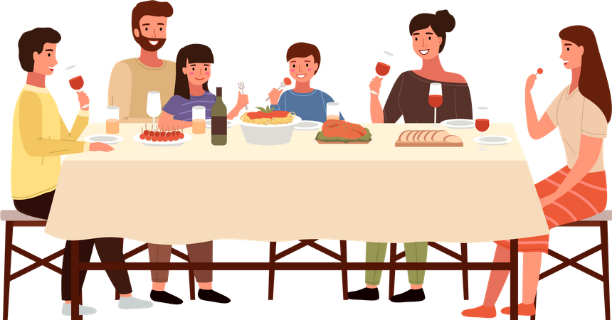 Parentes se comunicando e comendo comida na mesa de jantar  Ilustração
