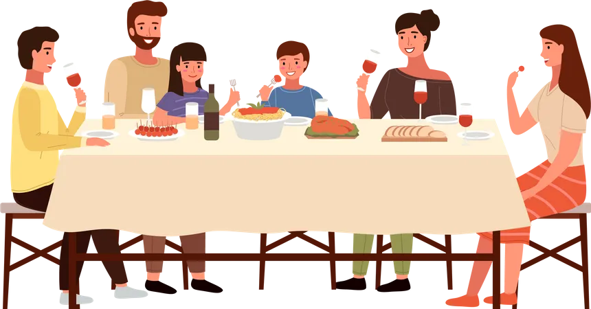 Parentes se comunicando e comendo comida na mesa de jantar  Ilustração