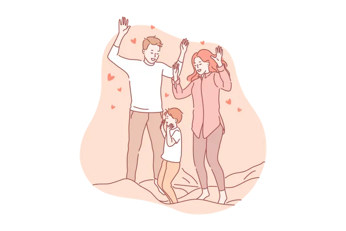 Parenthood Playing Love Concept Parenthood Is Great Responsibility Young Man And Woman Father And Mother Play With Their Child Jumping On Bed Husband And Wife Boy And Girl Love Their Son Illustration