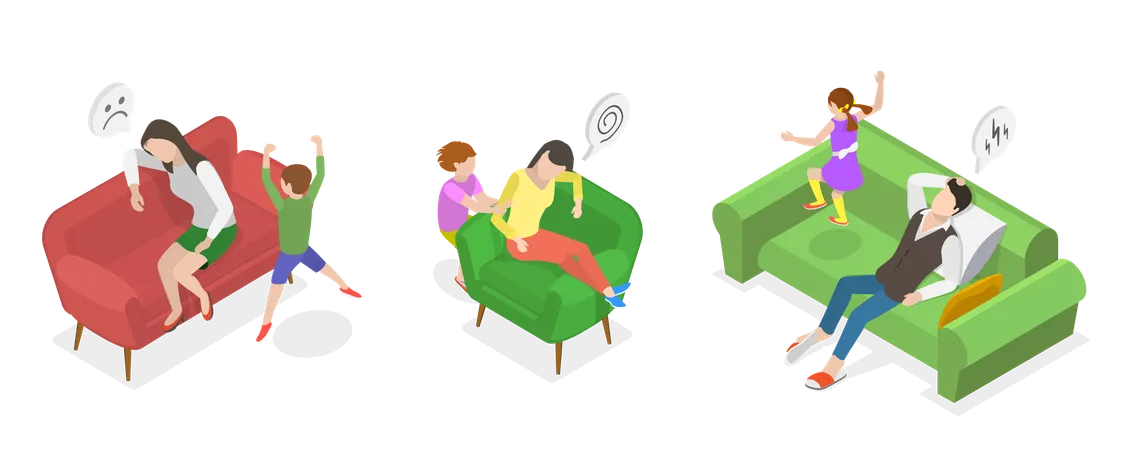 3 D Isometric Flat Vector Conceptual Illustration Of Depressed Tired Parents Parenting Fatigue And Anxiety Illustration