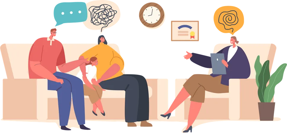 Parents And Child Discuss Emotions And Behavior With Psychologist  Illustration