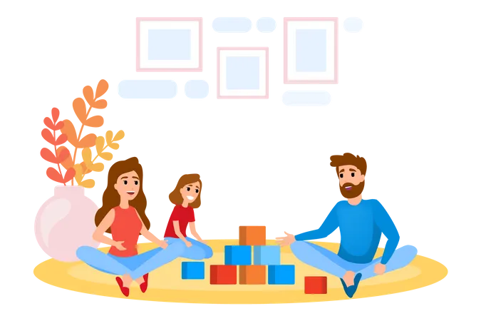 Parents and child playing block game together Illustration