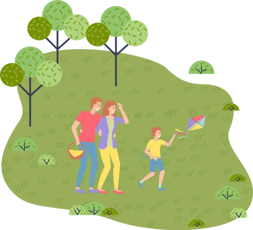 Family Weekend With Parents And Child Walking In The Park Cartoon Vector Illustration Fun Family Walking Rest At Nature On The Vacation Dad Carries A Basket Of Picnic Products Boy Launches A Kite イラスト
