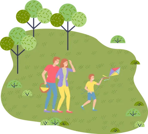 Parents and child walking in the park  Illustration