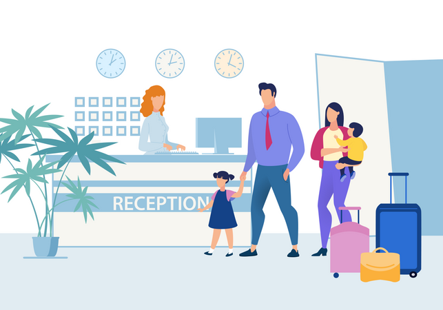 Parents and children at hotel reception on vacation Illustration