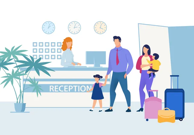 Parents and children at hotel reception on vacation  Illustration