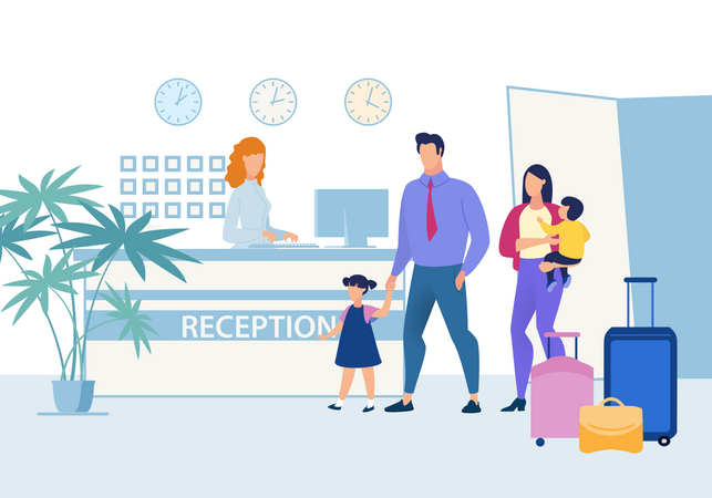 Parents and children at hotel reception on vacation  Illustration