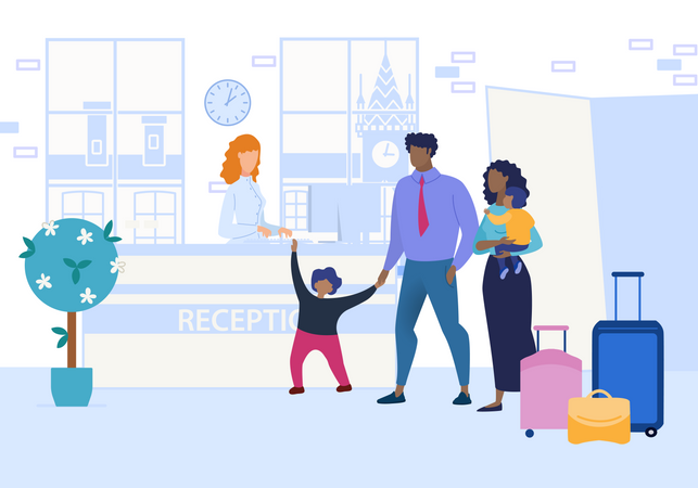 Parents and children at hotel reception on vacation  Illustration