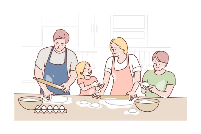 Recreation Cooking Fatherhood Motherhood Childhood Concept Characters Young Man Dad Woman Mom Children Kids Son Daughter Baking On Kitchen Together Family Leisure Activity Fathers Mothers Day Illustration