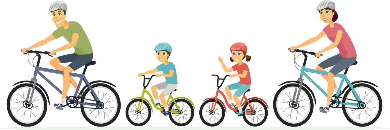 Parents and children cycling  Illustration