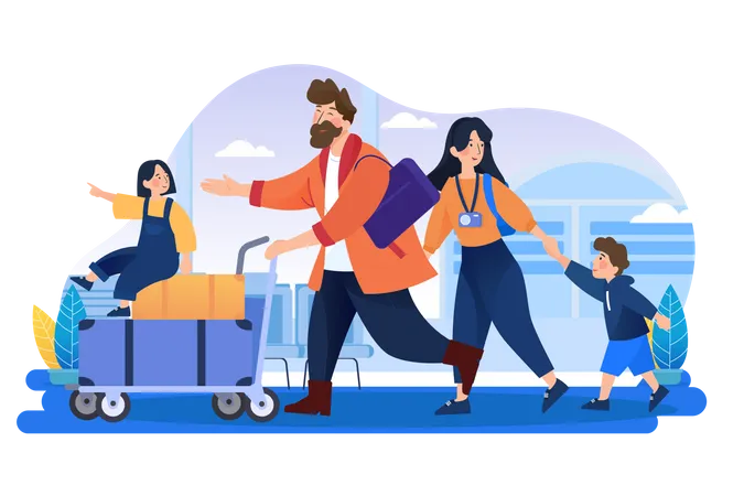 Parents and children going to world tour Illustration