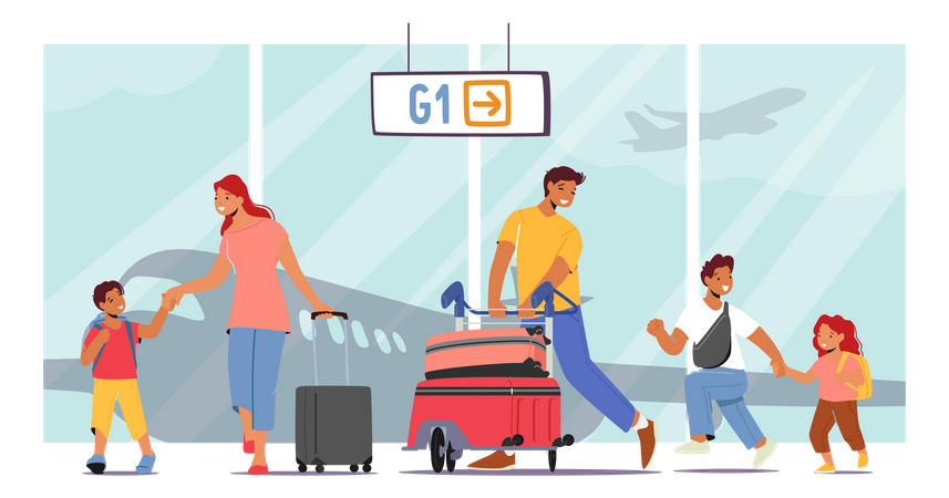 Parents And Children In Airport Terminal Illustration