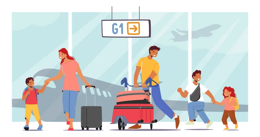 Parents And Children In Airport Terminal Illustration