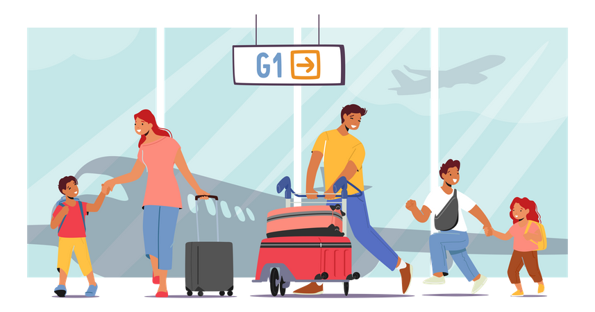 Parents And Children In Airport Terminal  Illustration