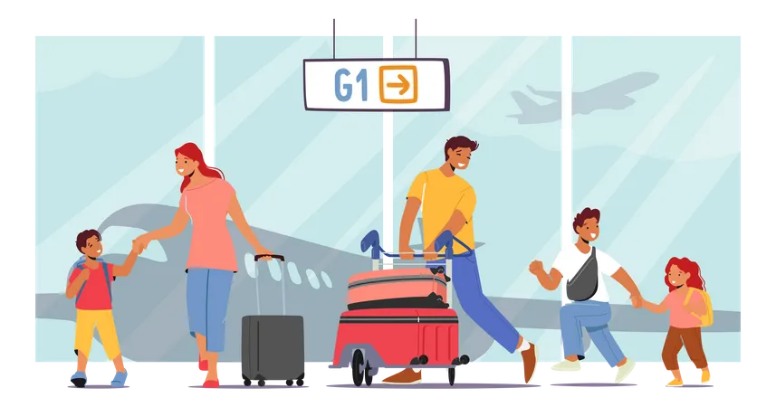 Parents And Children In Airport Terminal  Illustration