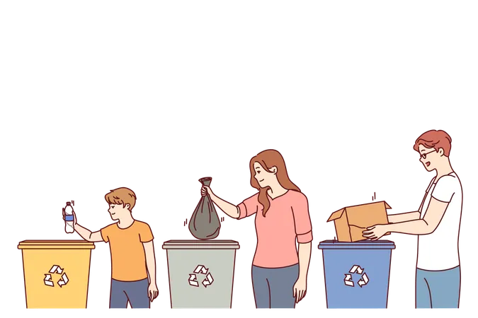 Parents And Children Stand Near Trash Cans Participating In Separate Waste Collection For Helping To Take Care Of Environment Boy And Mom And Dad Are Engaged In Separate Waste Collection Illustration