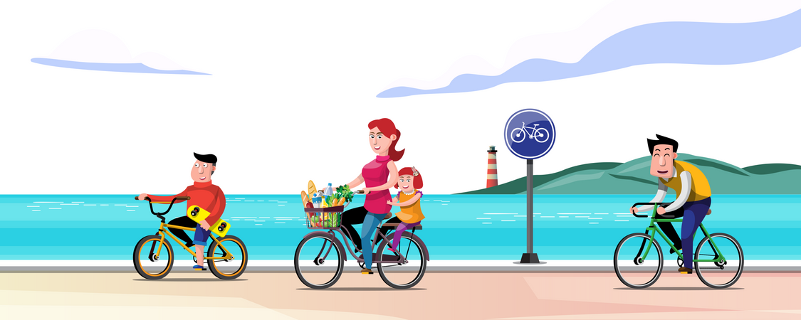 Parents and children Riding Cycle on Beach  Illustration