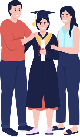 Parents And Daughter Alumnus Semi Flat Color Vector Characters Standing Figures Full Body People On White Graduation Ceremony Simple Cartoon Style Illustration For Web Graphic Design And Animation Illustration