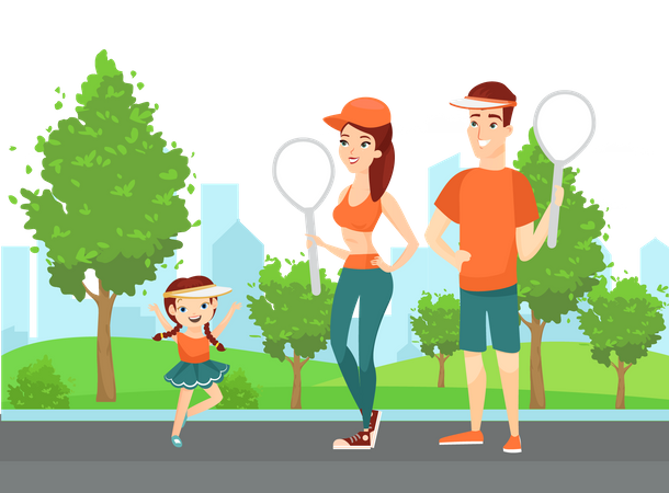 Parents and daughter playing badminton in park  Illustration